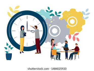 Vector illustration, round clock on white background, time management concept.