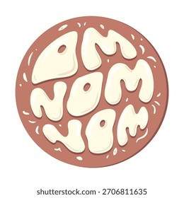 Vector illustration of a round coconut with playful hand-drawn lettering Om Nom Nom inside. Cute tropical design element for logo, sticker, or food branding.