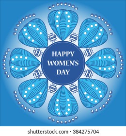 Vector illustration of round color ornaments in zentangle style. 8 th March, International Women's Day. Blue colors