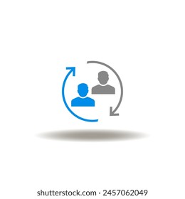 Vector illustration of round cycle arrows and two men or customer or user. Icon of P2P Peer to Peer. Symbol of exchange.