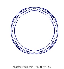 Vector illustration of a round decorative frame with subtle wave-like patterns along the inner edge. Blue outline drawing, ideal for labels, invitations, packaging, and branding layouts.