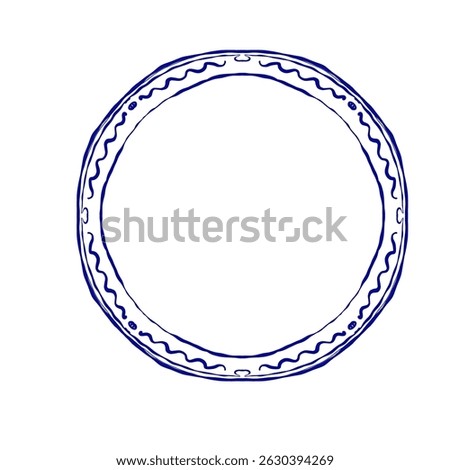 Vector illustration of a round decorative frame with subtle wave-like patterns along the inner edge. Blue outline drawing, ideal for labels, invitations, packaging, and branding layouts.