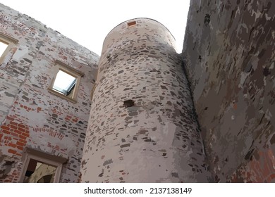 Vector illustration. Round defense tower in the corner of the castle ruins. Stony wall with windows.