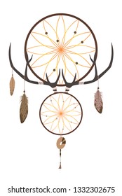 Vector illustration of a round dream catcher with deer horns and feathers.
