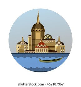vector illustration round emblem of ancient estate on the river floats your boat