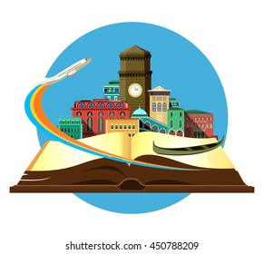vector illustration round emblem of the beautiful old castle on a background of an open book airplane taking off