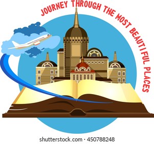 vector illustration round emblem of the beautiful old castle on a background of an open book airplane taking off