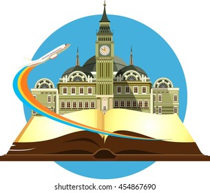 vector illustration round emblem of the beautiful old castle on a background of an open book airplane taking off