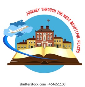 vector illustration round emblem of the beautiful old castle on a background of an open book airplane taking off