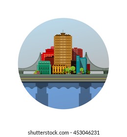 vector illustration round emblem of the city with a bridge on the river