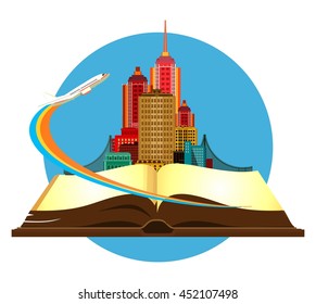 vector illustration round emblem metropolis with a bridge on the open book of the aircraft taking off