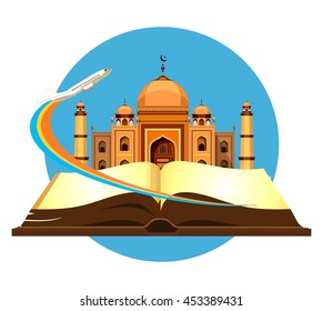 vector illustration round emblem Muslim mosque in the open book of the aircraft taking off