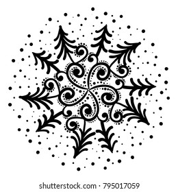 Vector illustration. Round ethnic pattern. Hand drawn. Winter forest theme.