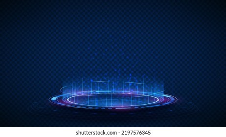 Vector illustration of round fantastic portal. Digital hi-tech element for presentation of digital goods. Round teleport or magic portal isolated on checkered background. Sci-fi technology. HUD, VR.