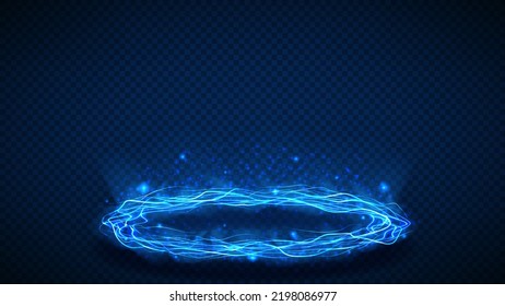 Vector illustration of round fantastic portal. Fantastic element with lightnings for presentation of digital goods. Round teleport or magic portal with lightnings isolated on checkered background.