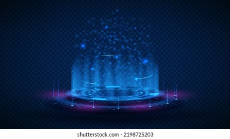 Vector illustration of round fantastic portal. Digital hi-tech element for presentation of digital goods. Round teleport or magic portal isolated on checkered background. Sci-fi technology. HUD, VR.