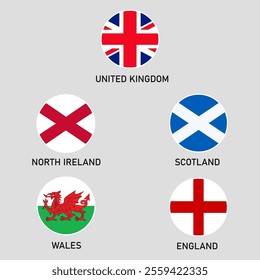 Vector illustration round flags of UK, England, Scotland, Wales and Northern Ireland. vector illustration