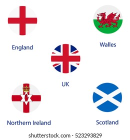 Vector illustration round flags of UK, England, Scotland, Wales and Northern Ireland. 