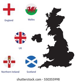 Vector illustration round flags of UK, England, Scotland, Wales and Northern Ireland. Black silhouette of uk map. England map. United Kingdom of Great Britain. Uk map counties