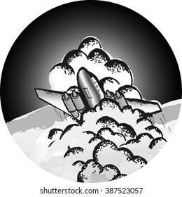 Vector illustration round frame with of the aircraft to take off walking through the clouds