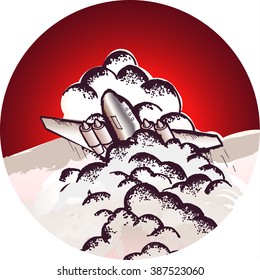 Vector illustration round frame with of the aircraft to take off walking through the clouds