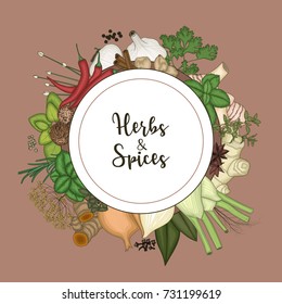 Vector illustration of Round frame background with spices and herbs