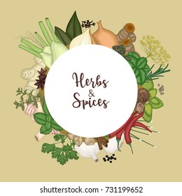 Vector illustration of Round frame background with spices and herbs