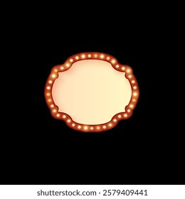 Vector illustration with round frame with bulbs and empty space for text, Retro circus light. For barrack, casino or theater. Vintage blank sign or sticker. Isolated black background.