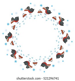 Vector illustration of a round frame of bullfinches and snow
