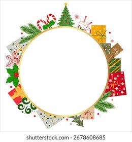 Vektorgrafik eines runden Rahmens mit Weihnachtsgeschenken, Tannenbäumen, Zuckerstangen und Heiligenschein auf weißem Hintergrund. Perfekt für Urlaubsthemen.