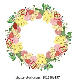 vector illustration of round frame composition of different foods and snacks for daily menu planning concept with free space for text