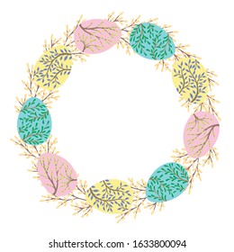 Vector illustration of a round frame of Easter eggs and spring plants on a white background, a great element of your design.