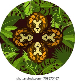 Vector illustration of round frame, exotic plants and tropical leaves of the jungle, showing four face Lion hunter emblem