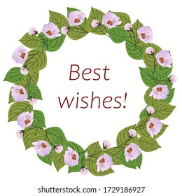 Ilustración vectorial. Marco redondo con hojas verdes, brotes de flores y flores de cerezo sobre fondo blanco. Texto de los mejores deseos. Diseño para envoltura de regalo, boda, tarjetas de felicitación, portada.