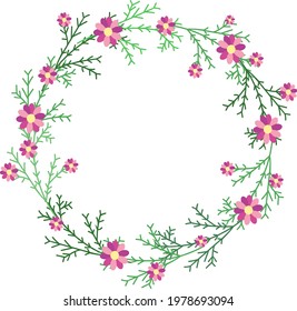 Vector illustration- round frame of green leaves and pink flowers. May be used for decoration, presentations, wedding invitations, memorable albums, portraits