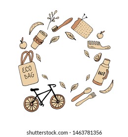 Vector illustration. Round frame with hand drawn eco doodles for poster, banner. Blank space for your text. Ecology concept, recycle, reuse, reduce vegan lifestyle.  