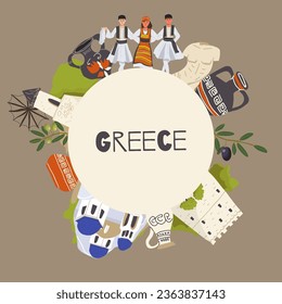 Vector illustration, round frame of hand drawn landmarks, sights and symbols of Greece in doodle style. Tourism, travel.