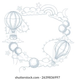 Vector illustration of round Frame with hot air Balloons, clouds, stars and garlands. Linear drawing of circular border for Baby shower greeting cards or childish birthday invitations. Art of wreath.