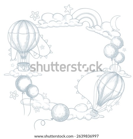 Vector illustration of round Frame with hot air Balloons, clouds, stars and garlands. Linear drawing of circular border for Baby shower greeting cards or childish birthday invitations. Art of wreath.