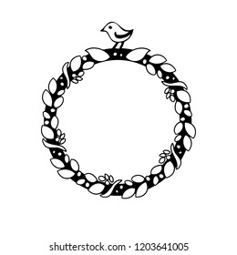 Vector illustration, Round frame with leaves and bird on top, black and white
