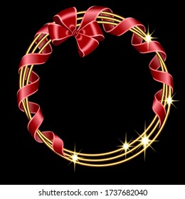 Vector illustration round frame made of gold wrapped with a red ribbon with a bow