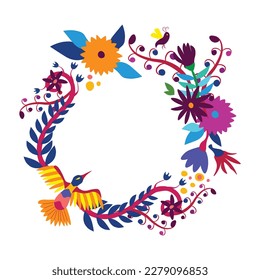 Vector illustration. Round frame made of traditional Mexican Otomi embroidery elements, plants and fantastic animals. Free space for text or an image in the middle