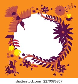 Vector illustration. Round frame made of traditional Mexican Otomi embroidery elements, plants and fantastic animals. Free space for text or an image in the middle