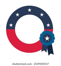 Vector illustration of round frame and medal with ribbon in colors of the USA flag. Patriotism, national holidays, or events celebrating American culture. Website designs for government agencies,