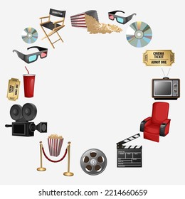 Vector illustration of round frame with movie cinema attributes equipment isolated on white and copy-space in the middle. World cinema day,cinemas,design,card,poster concept.