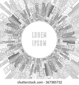 Vector illustration round frame of outline of skyscrapers and place for text. Element for infographics, brochures and your design