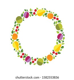 Vector illustration of round frame for packaging eco goods. Fruit label or icon for healthy food company. Fruit round frame. Fruit round frame for banner template. Fruit T-shirt sticker. EPS 10.