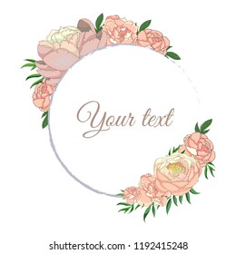 Vector illustration. Round frame with peonies. Template for an invitation or congratulations.