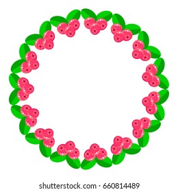 vector illustration. round frame of pink forest summer berries with green leaves. cranberry. template greeting cards.