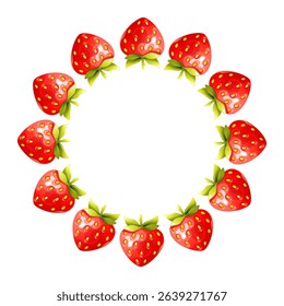 A vector illustration with a round frame of strawberry berries and green leaves. The fruits are arranged in a circle on a white background. The image is bright, with empty space for text.